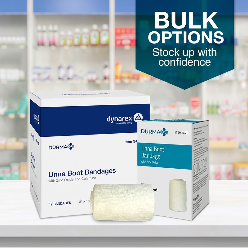 Dynarex Dürma+ Unna Boot Bandages with Zinc Oxide - Maintains Moist Environment and Provides Compression for Leg Ulcers, Edema, Sprains - 3" x 10 yds - Case of 12 Rolls