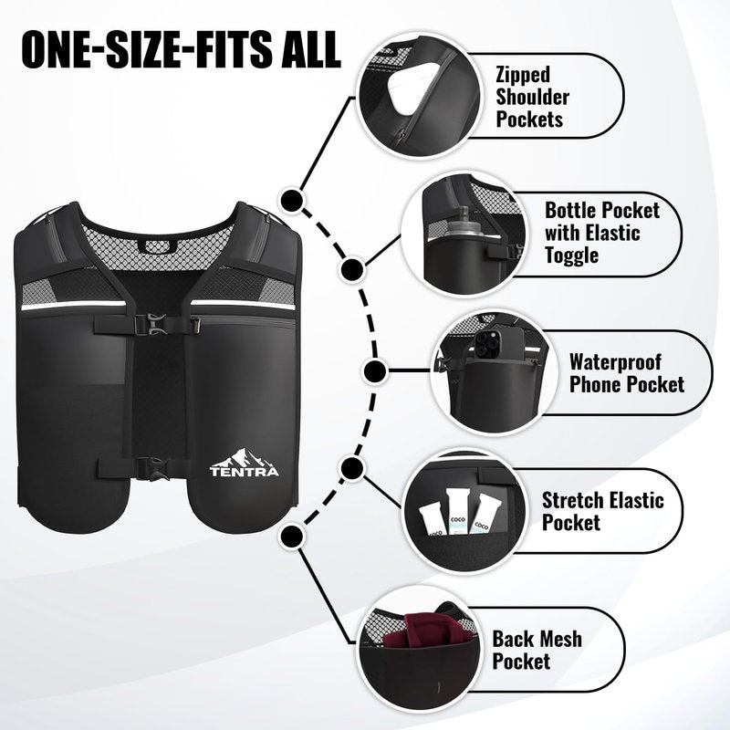 TENTRA Running Vest with 500ml Soft Flask, 8 Pocket Hydration Vest for Women Men – Lightweight Reflective Running Vest with Waterproof Phone Pouch