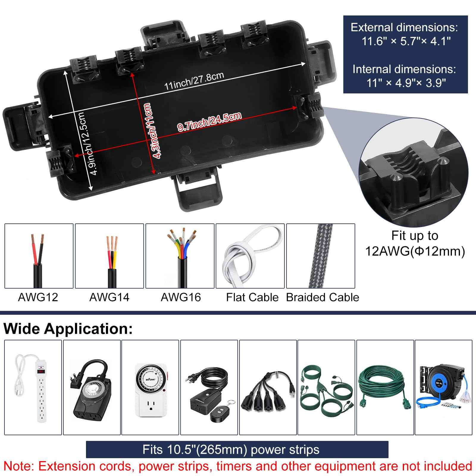 OUTDSPLY Medium Outdoor Electrical Box (11.6x5.7x4.1 inch), IP54 Waterproof Extension Cord Cover w/ 6 Cable Entry, Weatherproof Connection Box for Power Strip, Plug, Timer, Holiday Lights, Black