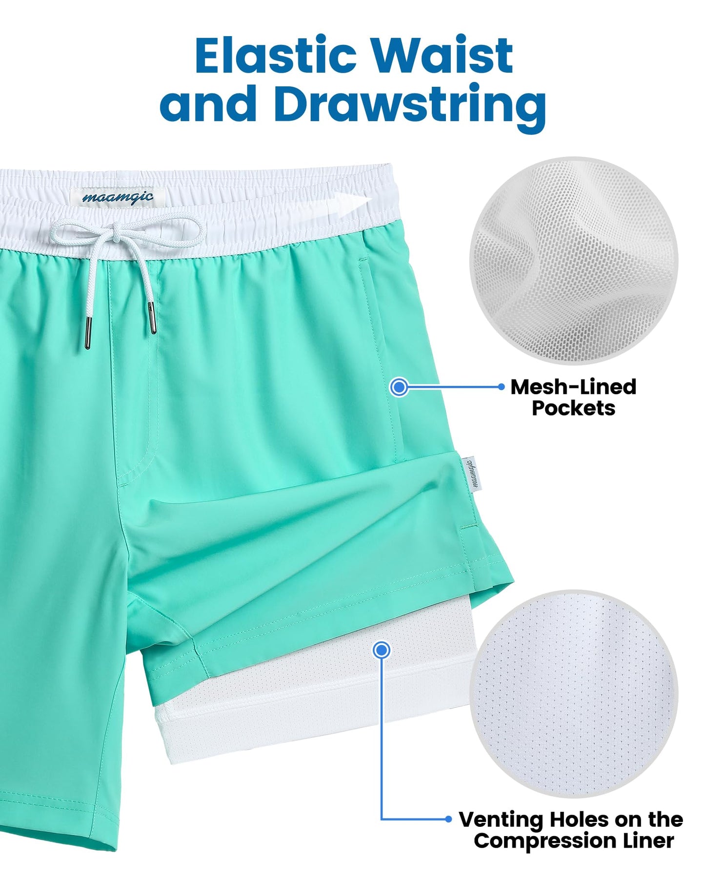 maamgic Mens Swim Trunks with Compression Liner 7 Inch Inseam Mens Bathing Suit Quick Dry Swimming Trunks Swimsuit Spring Green and White XX-Large