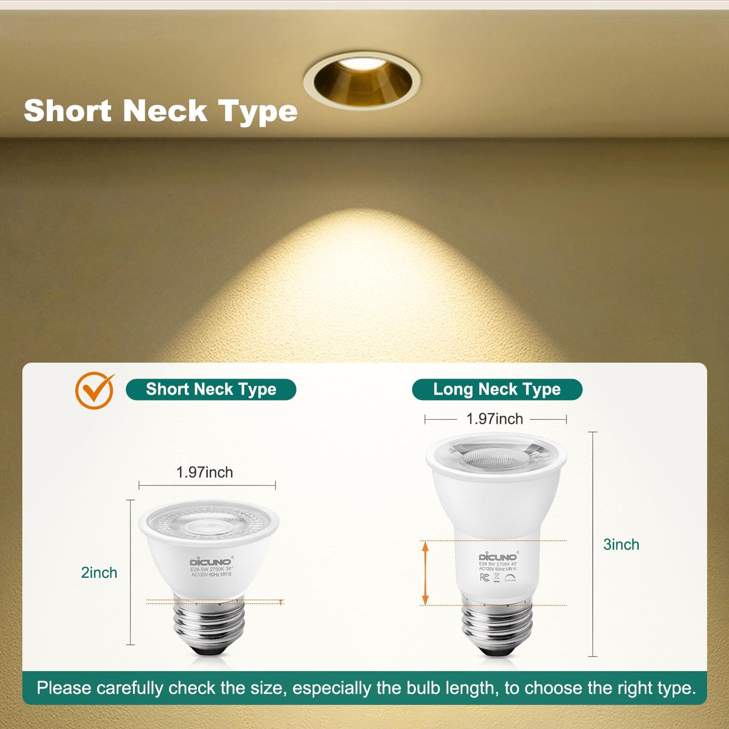 DiCUNO PAR16 LED Bulb Dimmable, 5W Short Neck Spotlight Bulb, 550Lumen, 38° Beam Angle, Warm White 2700K, 50W Equivalent E26 LED for Recessed Light, Curio Cabinet, Pack of 6