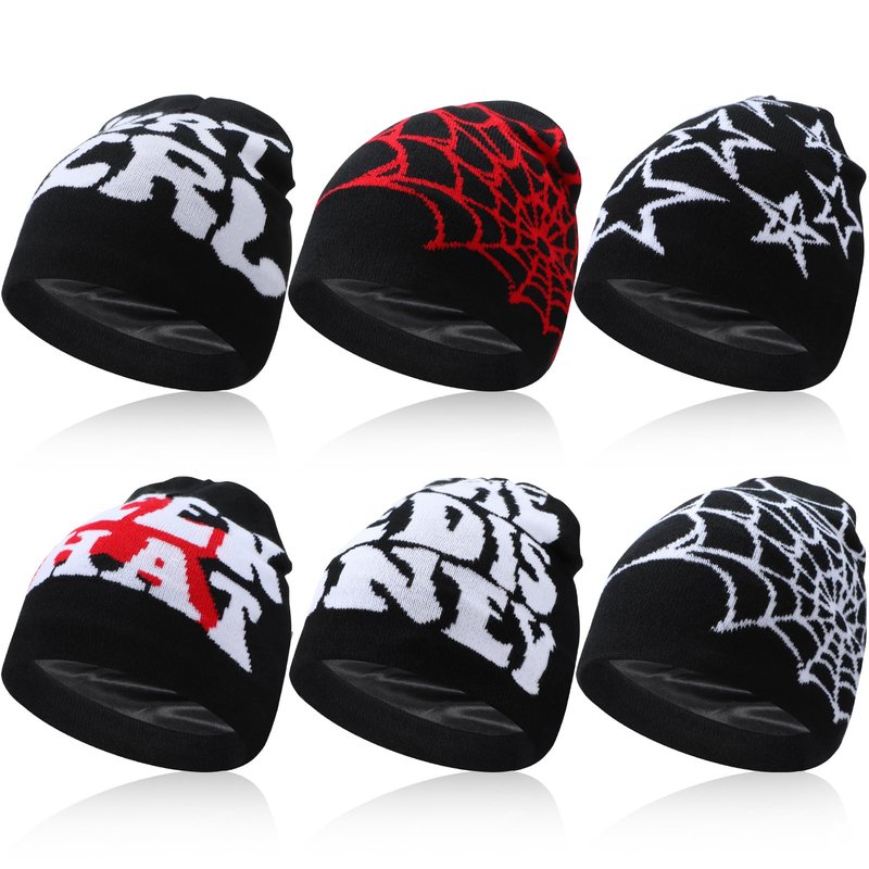 Skicuff 6 Pcs Winter Y2K Beanie Satin Lined Skull Cap Graphic Warm Beanies for Men and Women Knitted Y2K Hat for Cold Weather