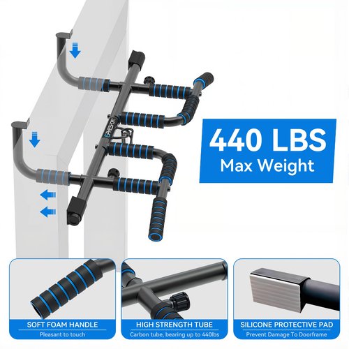 EPHESPORT 2026 Multifunctional Pull Up Bar for Doorway – US Patented Design, Foldable, No Drilling or Slipping, Multi-Grip Bar with Resistance Band Hooks, Commercial Alloy Steel, Large PVC Pads, 440 lbs Capacity (Dark blue)