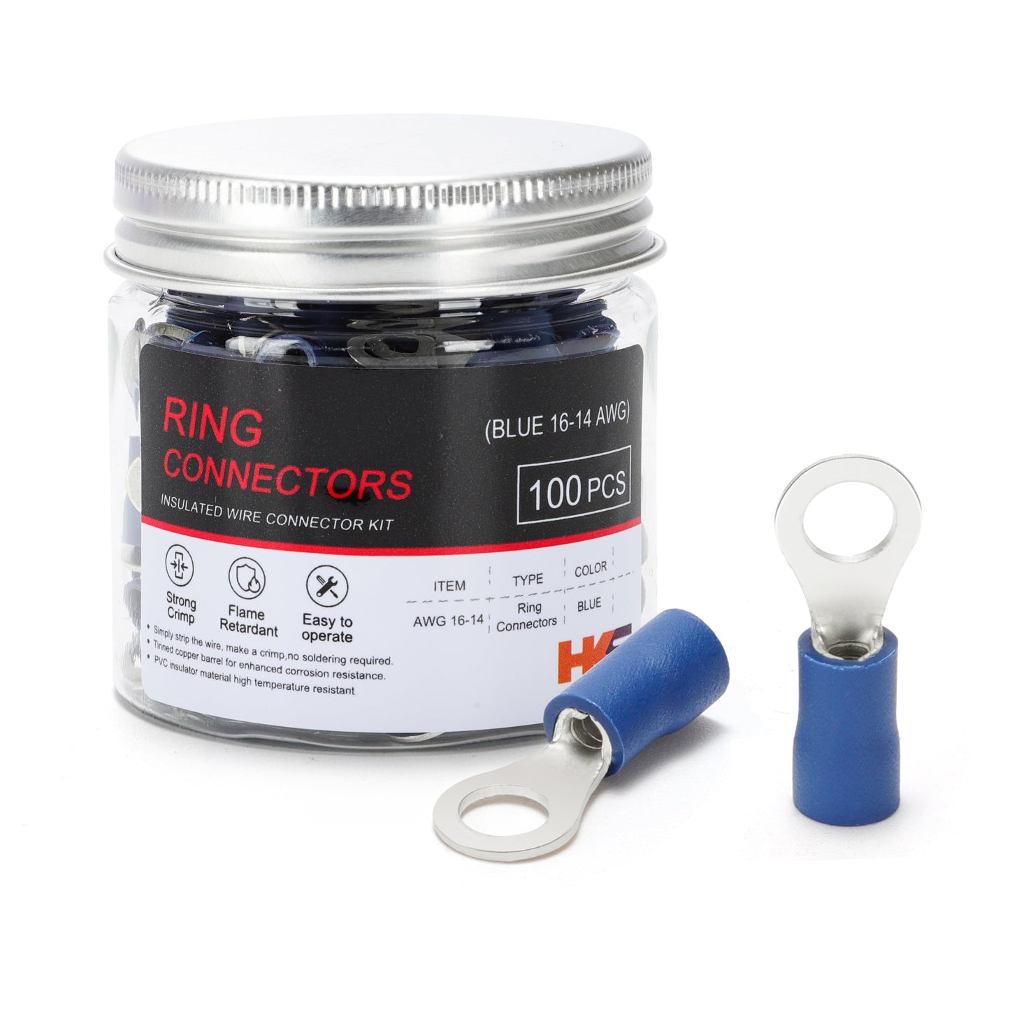 HKS 100PCS Insulated Ring Terminal #10 Blue 16-14 AWG - M5 - Tinned Red Copper - Electrical Wire Connector Kit Crimp PVC