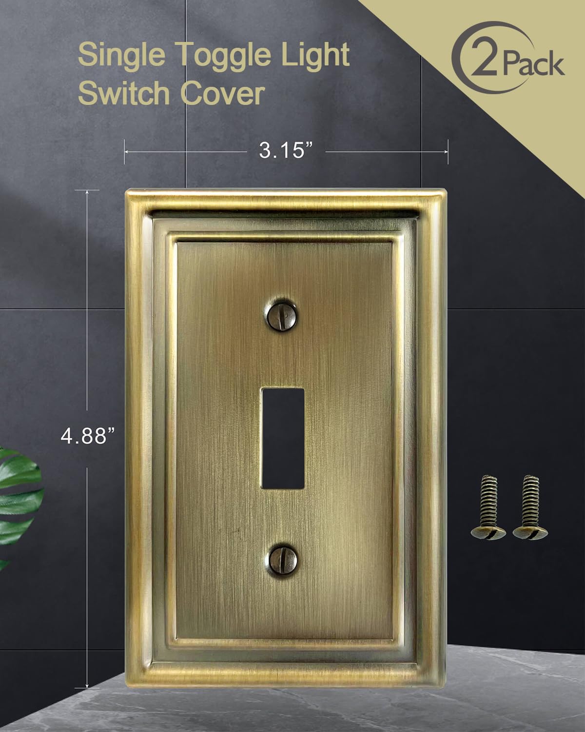 ZILLSEA 2-Pack Light Switch Covers, Single Toggle Switch Plate Cover, Decorative Antique Brass Metal Wall Plate, 3.15''*4.88'', Midsize