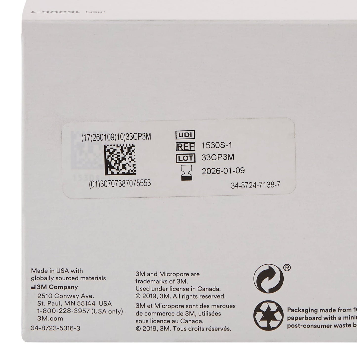 3M Micropore Medical Tape, Non-Sterile, Singe Use Roll Paper, White, 1 in x 1 1/2 yds, 100 Count