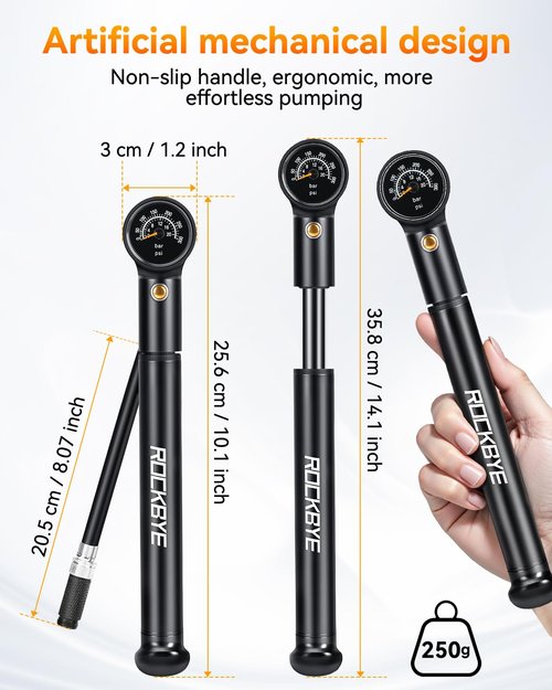 Onvian Portable Bike Pump with Gauge, 300 PSI High Pressure Bicycle Tire Pump & Shock Pump, Mini Hand Pump for Presta and Schrader Valve, Front Fork Rear Suspension, Air Bleed Button