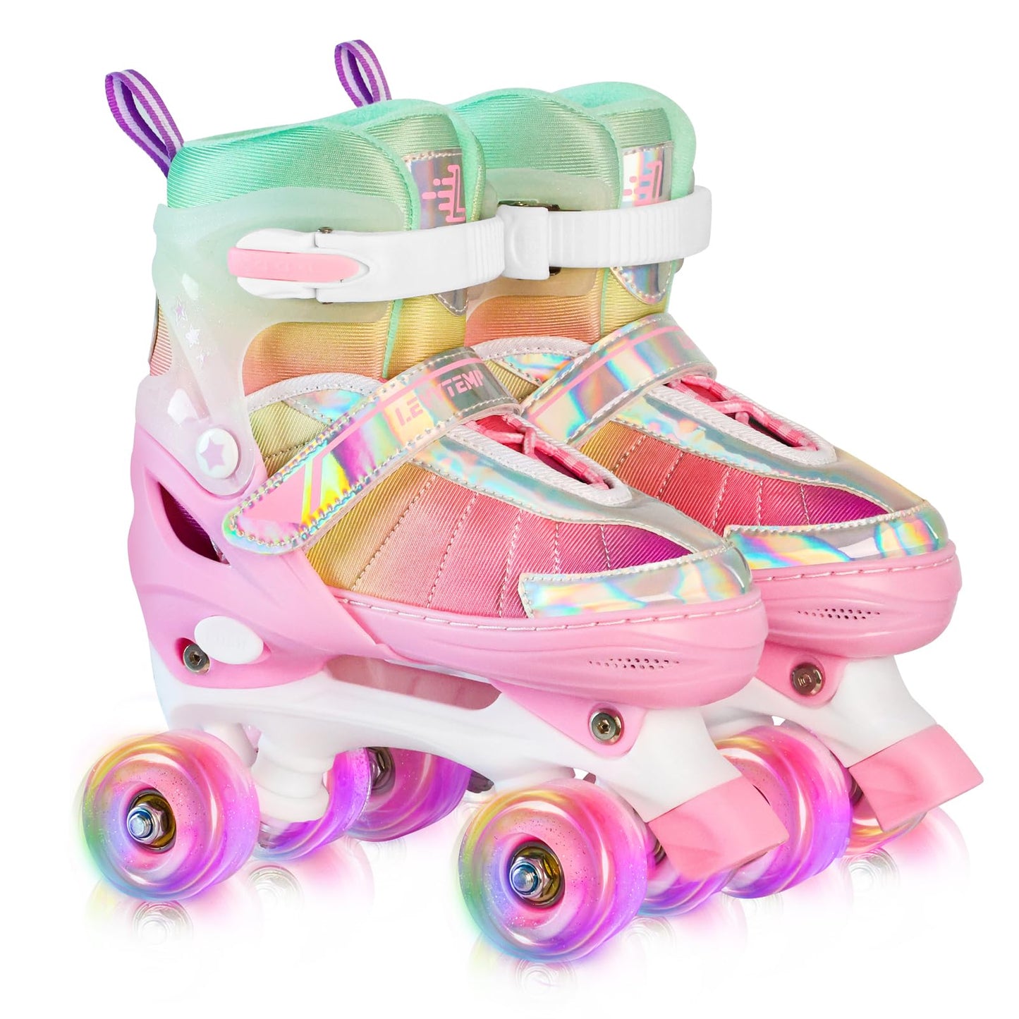 LEVYTEMP Rainbow Roller Skates for Girls Kids, Gradient Pink 4 Size Adjustable Quad Skates Size Medium Ages 6-12 with All Light Up Wheels for Kids Youth Outdoor Indoor
