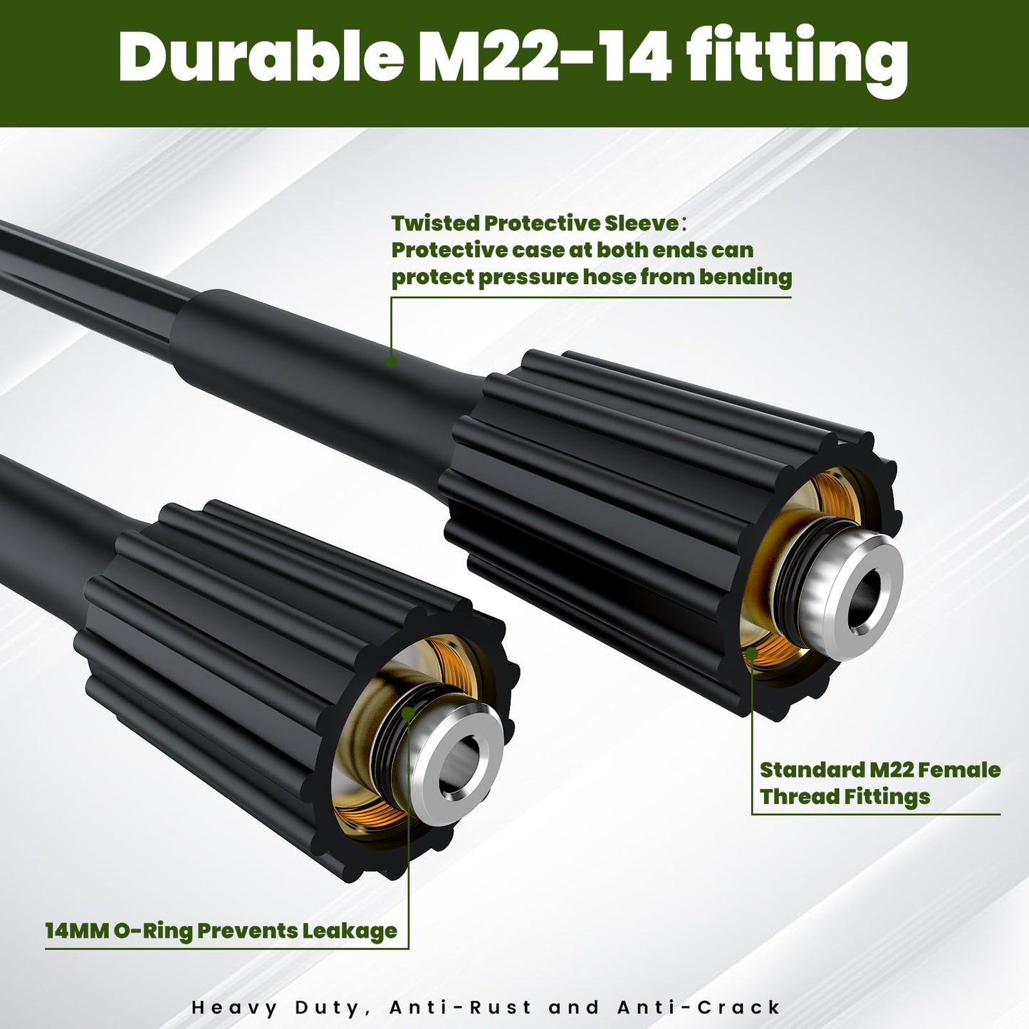 Pressure Washer Hose 32FT, 3300PSI 1/4" Power Washer Hose with M22-14 Brass Fitting, Kink Resistant, No-Leak Design, Durable Replacement Hose fo Ryobi, Greenworks, CRAFTSMAN Most Brand Power Washer