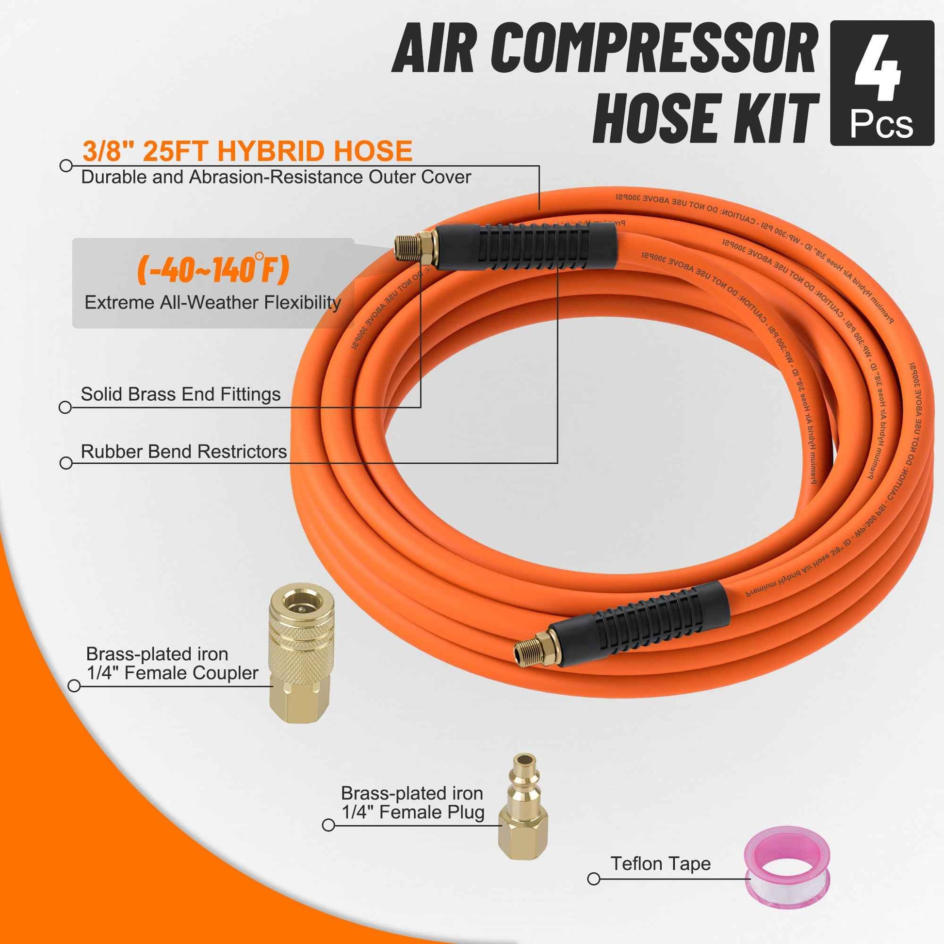 Ailbiuko Hybrid Air Hose 3/8 Inch x 25 Feet Air Compressor Hose with 1/4 Inch Brass Air Coupler and Plug,Heavy Duty, Lightweight, Kink Resistant, All-Weather Flexibility, 300 PSI