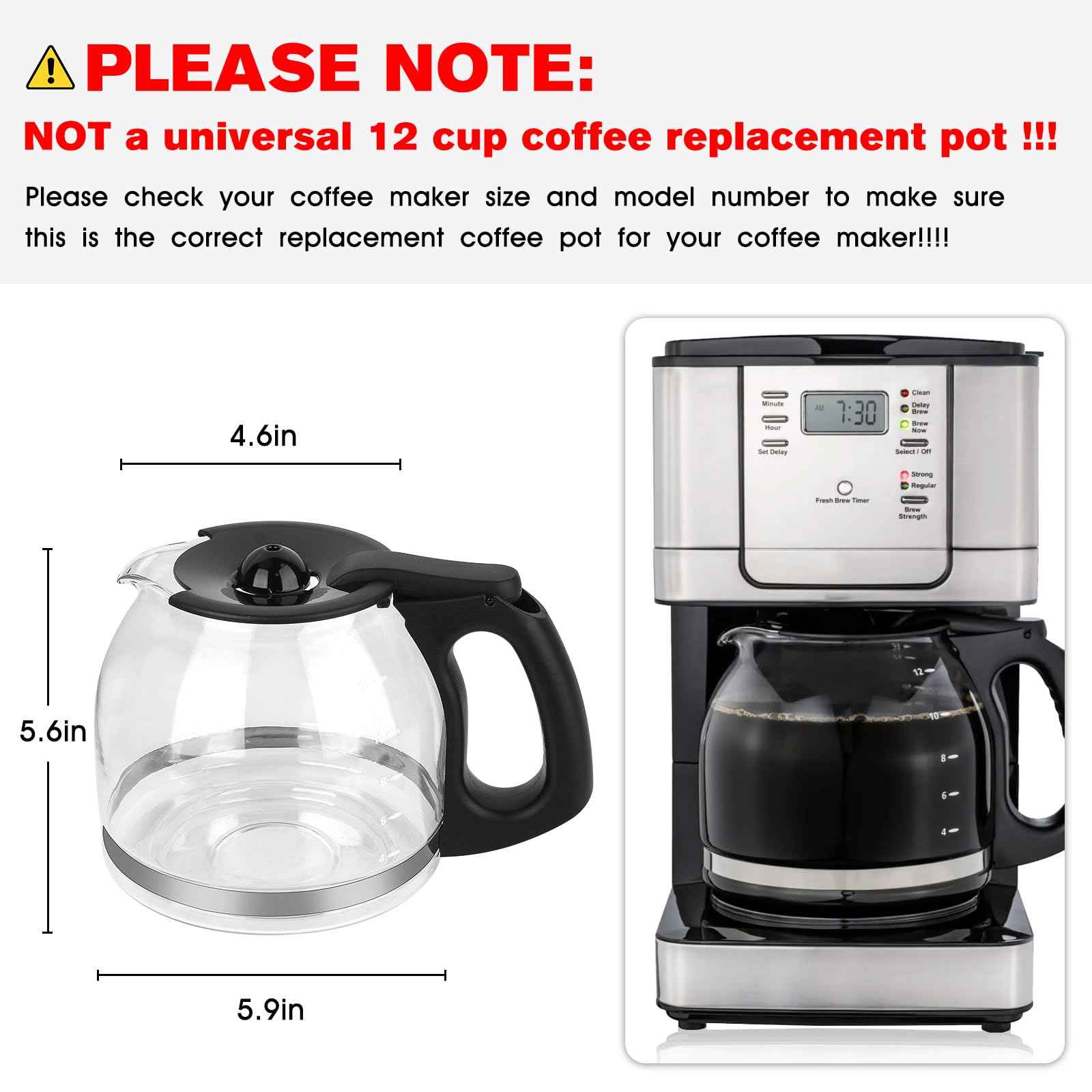12-Cup Coffee Maker Pot Replacement Mr. Coffee 12 Cup Coffee Maker PLD12-RB, PLD12-NP, PLD12 Series FOR Mr. Coffee AM,CG,CHX,CJ,DW,DR, EVX,JWX,MV,PL and VB Series Coffeemaker -Black Handle