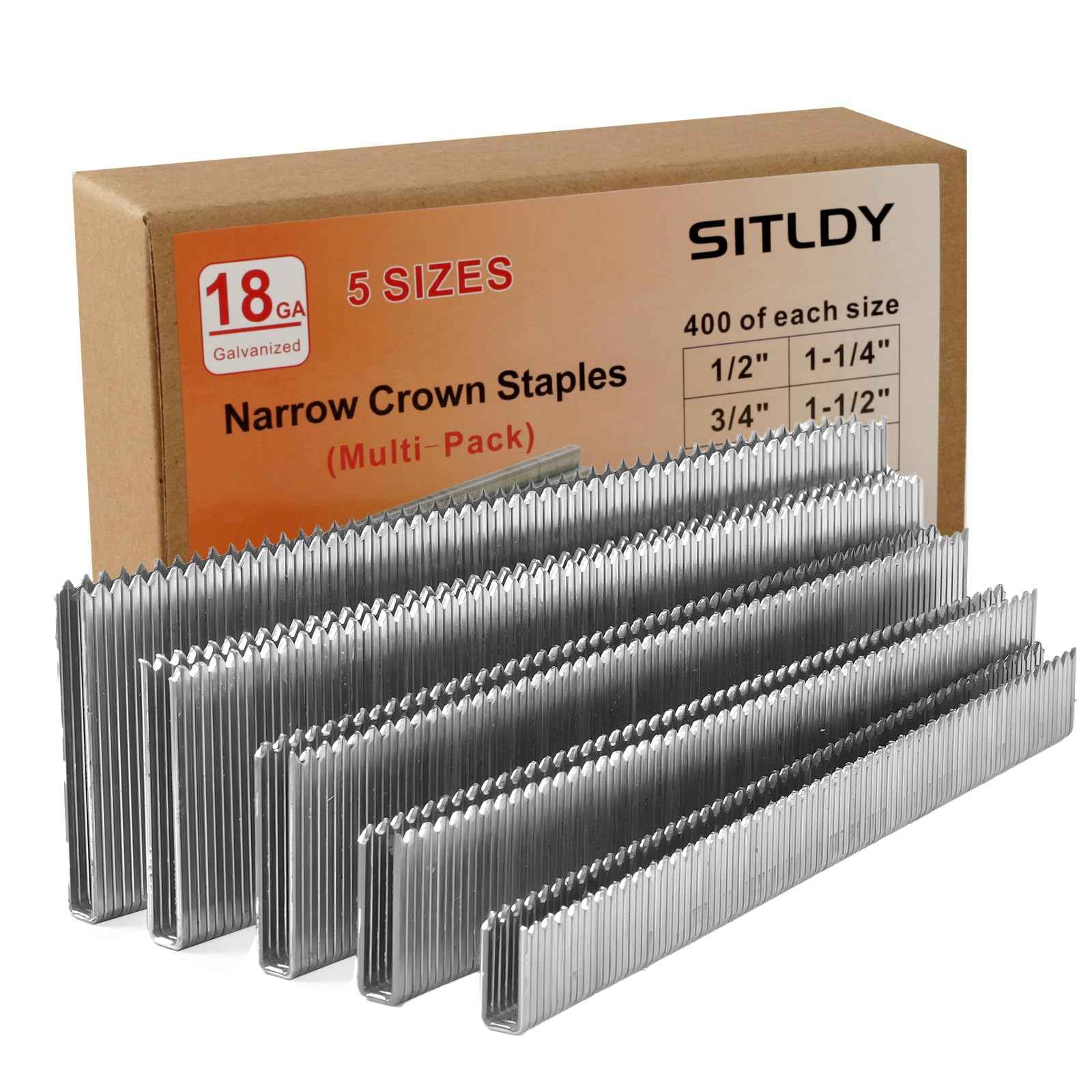 SITLDY 2000-Count 18 Gauge 1/4 Inch Narrow Crown Staples (1/2"+3/4"+1"+1-1/4"+1-1/2"), 400 per Size, Heavy Duty Beveled Chiseled Pointed Galvanized, Assorted Size Project Pack