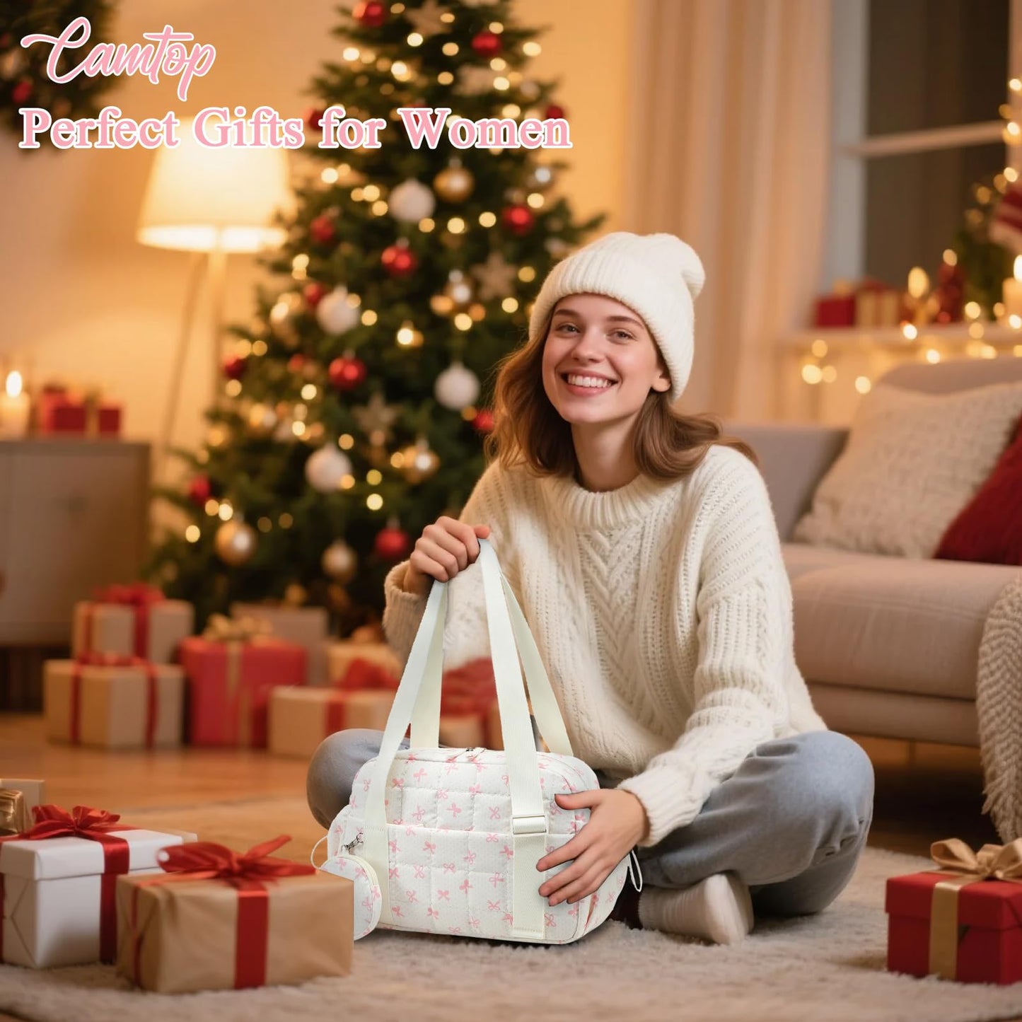 CAMTOP Mini Gym Bag for Women, Small Gym Tote Bag Puffy Quilted Sports Duffel Bag with Wet Compartment and Coin Purse Duffel Bags Dance Yoga Workout Bag for Gifts (Beige Pink Bow, Mini-12.6")