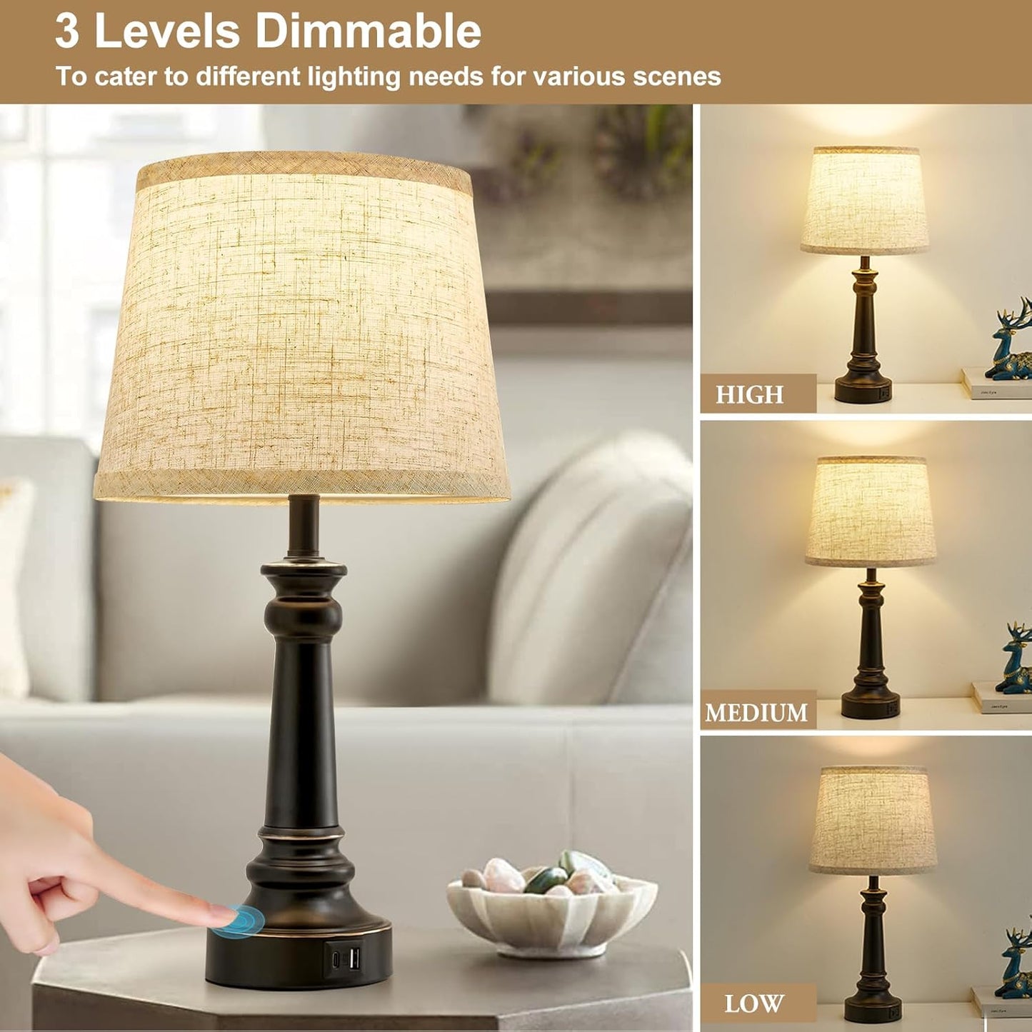 Touch Bedside Table Lamps Set of 2 with USB C+A Ports - 3-Way Dimmable Linen Shade