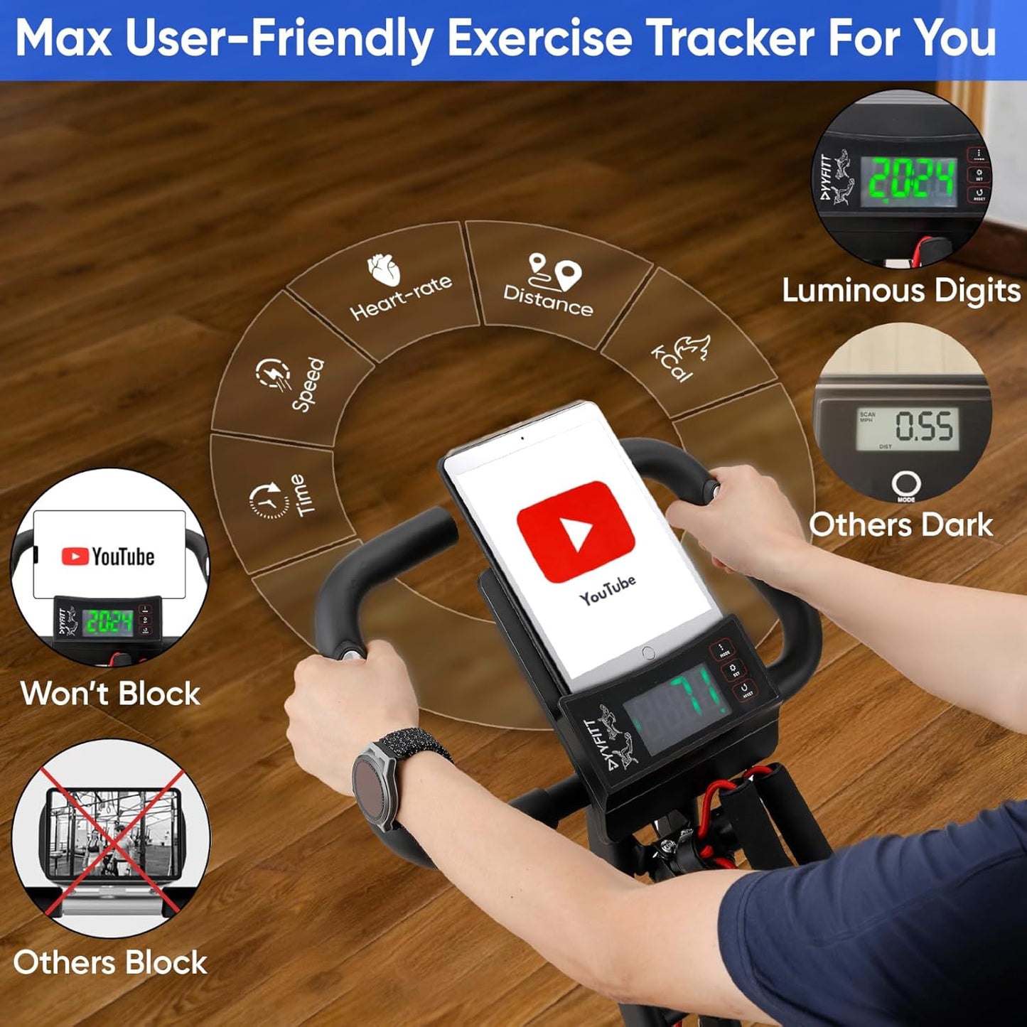 YYFITT 3-IN-1 Exercise Bike - Compact Folding Stationary Bike with Luminous Display | 16 Levels of Resistance, Backrest & Wider Seat