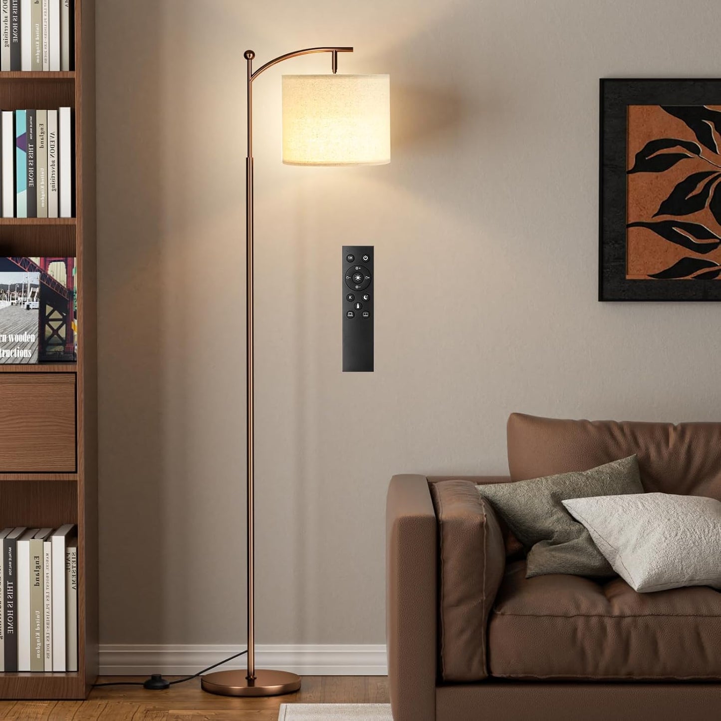 Modern 60" Floor Lamp with Remote Control & Dimmable LED Bulb - Beige Shade, Adjustable Brightness for Living Room