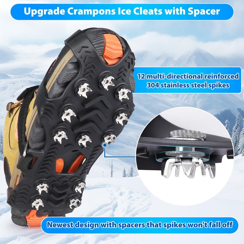 BOGI Crampons, Ice Cleats for Shoes and Boots with 12 Stainless Steel Spikes Non-Slip Ice Shoes Grippers Traction Cleats for Snow Ice, Winter Hiking, Walking, Fishing, Climbing for Women Men Kids
