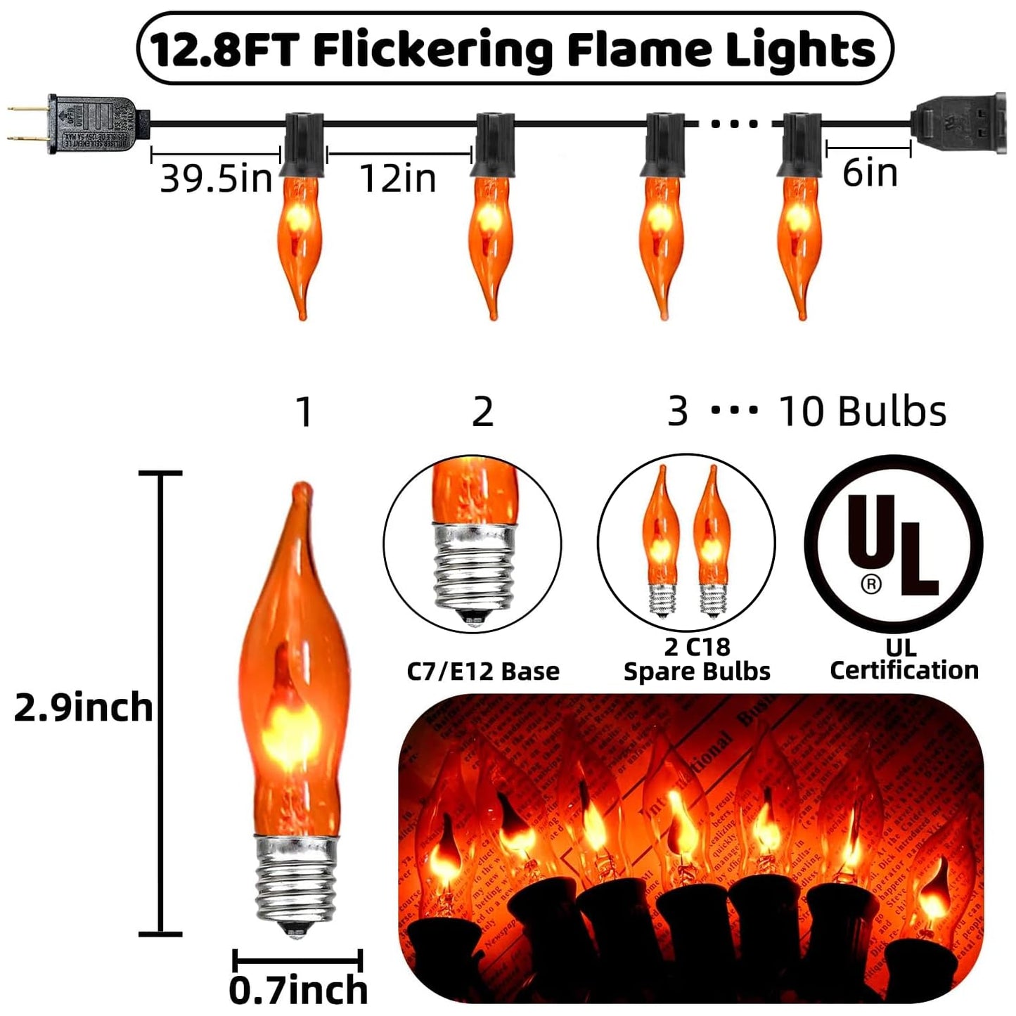 Halloween Lights Flickering Flame String Lights with 12 Pack C7 Orange Flame Light Bulbs (2 Spare), 12.8Ft Orange Flame String Lights for Indoor Outdoor Home Party Yard Halloween Decorations