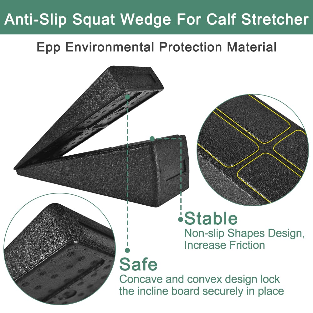 Squat Wedge for Calf Stretching With 5 Elastic Band，3 Pcs 12" x 6.3" Foot Stretcher Balance Board for Plantar Fasciitis, Adjustable Foam Slant Board Wedge (Black With 5 Elastic Band)