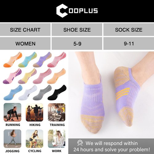 COOPLUS No Show Socks - Women's Athletic Cushioned Cotton Low Cut | Non-Slip Invisible (6 Pairs)