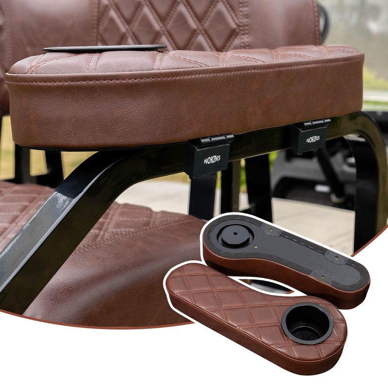 NOKINS Golf Cart Armrest with Cup Holder for EZGO/Club Car/Yamaha, No Drilling Required, Golf Cart Flip Hinged Armrest for Rear Seat with 1 inch Square Tube Frame (Brown&Brown 8438)