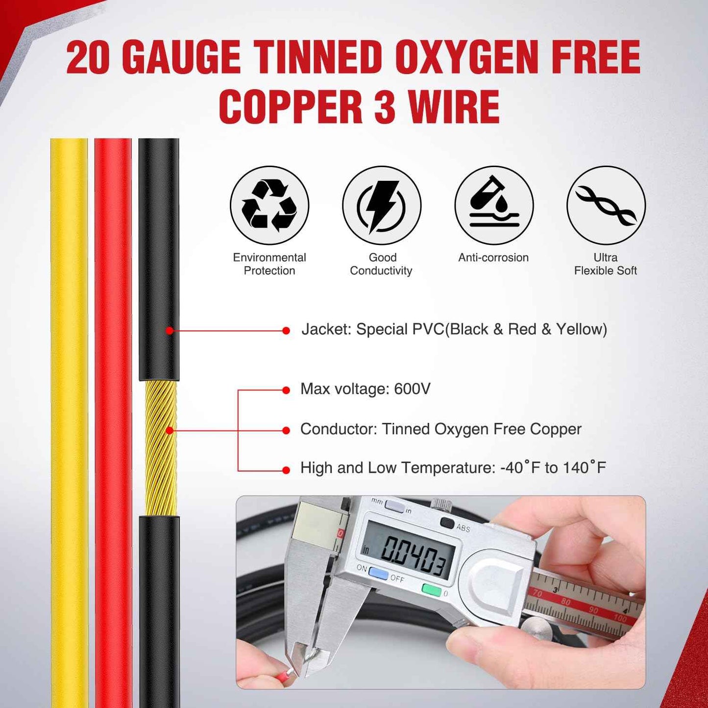 Nilight 50FT 20 Gauge 3 Conductor Electrical Wire Tinned Oxygen Free Copper Red Black Yellow 3 Wires Parallel 600V DC Flexible PVC Case Extension Cords for LED Strips Lamps Lighting