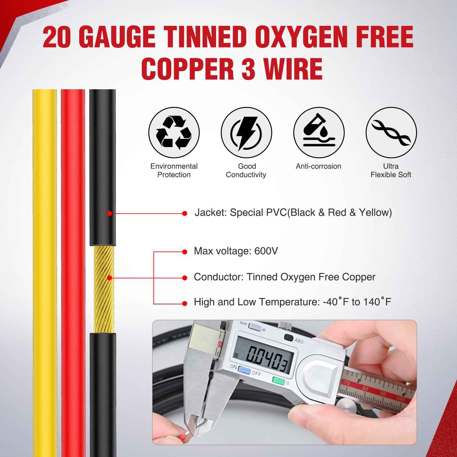 Nilight 50FT 20 Gauge 3 Conductor Electrical Wire Tinned Oxygen Free Copper Red Black Yellow 3 Wires Parallel 600V DC Flexible PVC Case Extension Cords for LED Strips Lamps Lighting