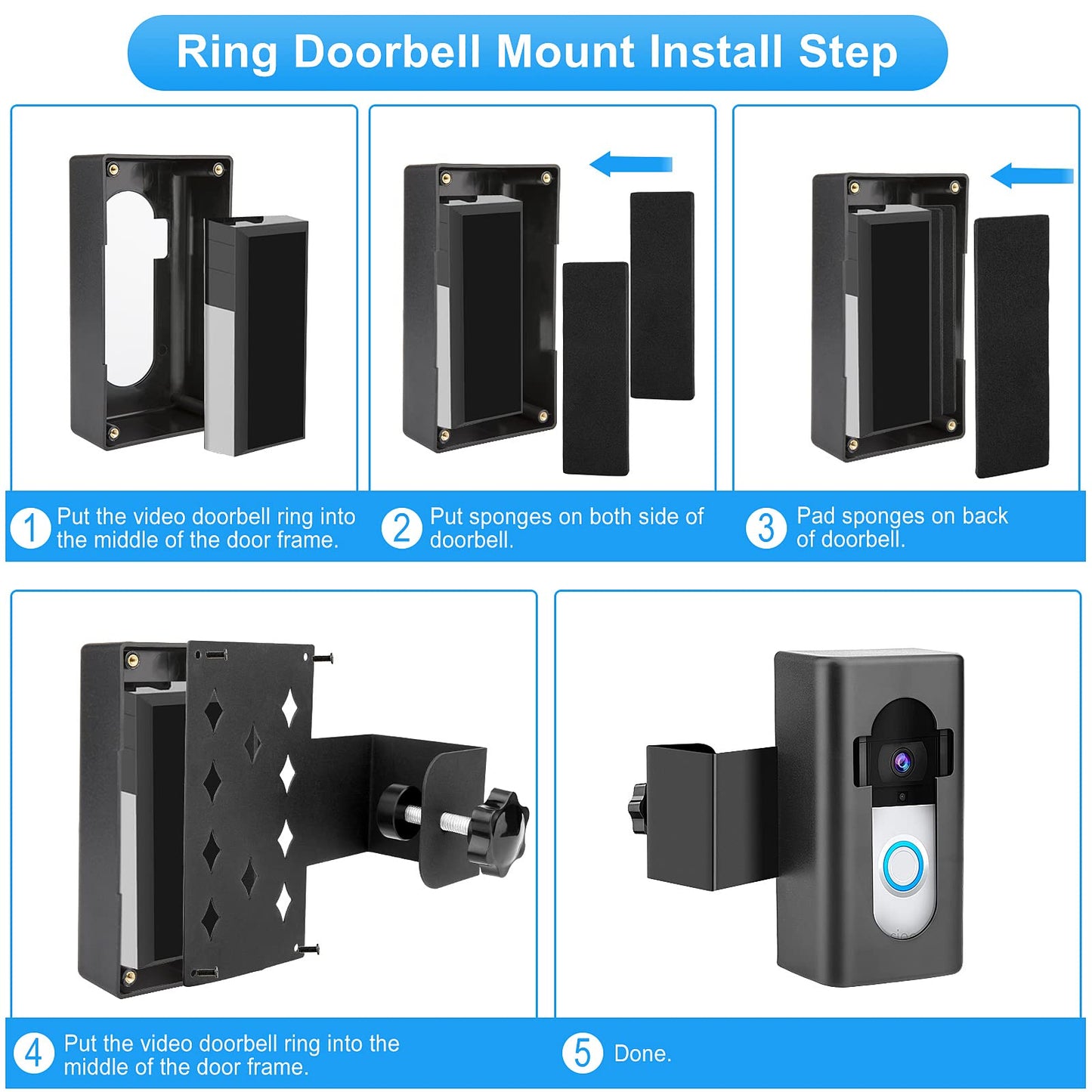 SNEKULI Anti-Theft Video Doorbell Mount, No-Drill Ring Doorbell Holder, Doorbell Door Mount Not Block Sensor, Adjustable Blink Video Doorbell Bracket for Home/Apartment Door (Black)