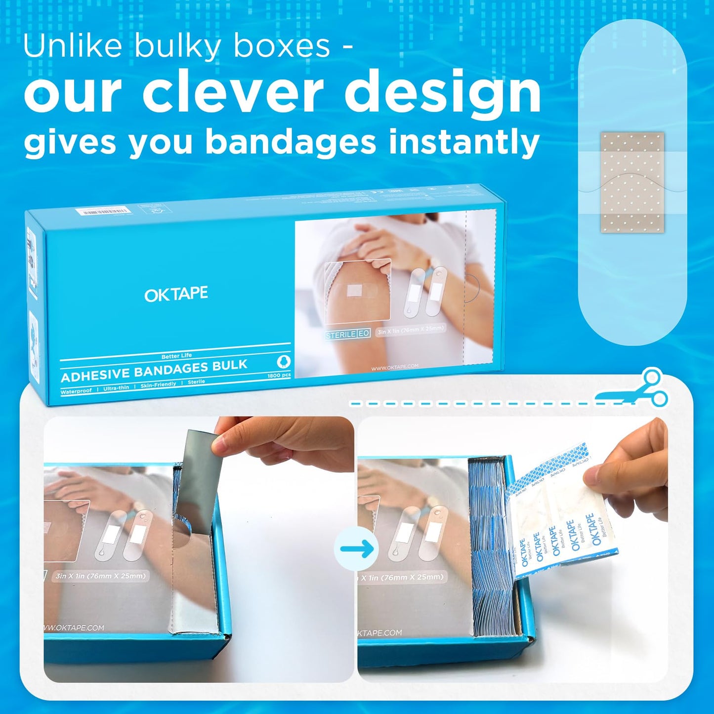 OK TAPE Adhesive Bandages, 1" x 3" Bulk Case of 1800, Waterproof Sterile, Clear & Breathable Sheer Strips for Minor Cuts & Scrapes – First Aid Supplies for Home, Businesses, Schools,Nurses and Clinics