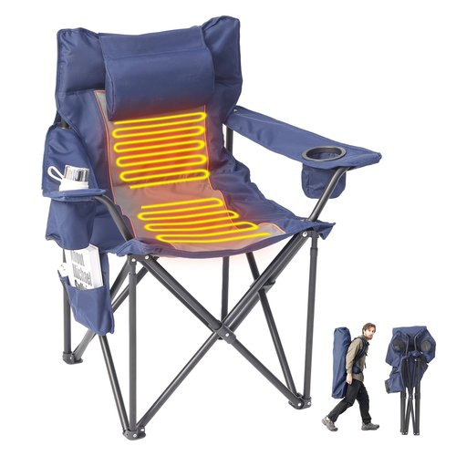 Heated Camping Chair, Oversized Folding Heated Chair with Back & Seat Heating, Supports 400 lbs, Portable Heated Outdoor Chair for Camping,Fishing, Patio, Picnic, Battery NOT Included, Navy Grey