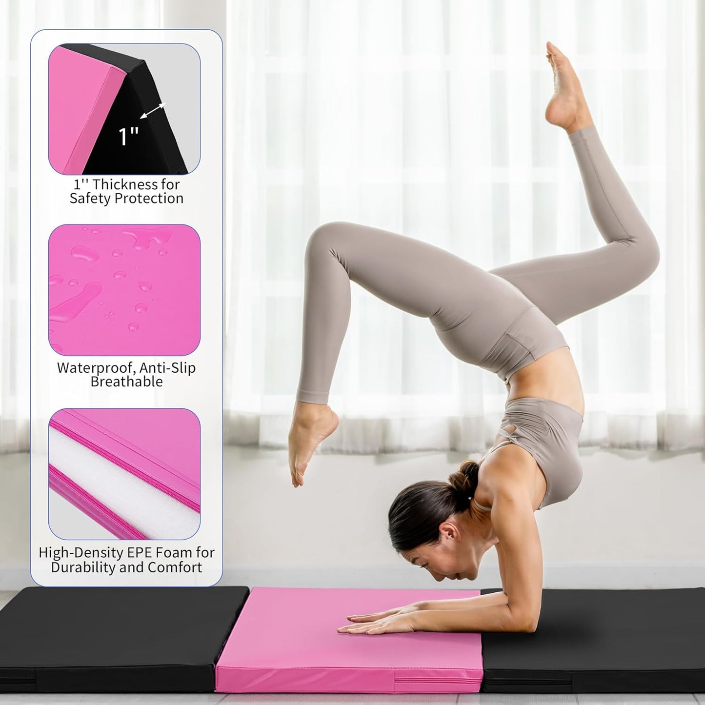 Skiennix Gymnastics Mat - Portable 4-Fold Tumbling Mat with PU Leather & Carry Handle - 6'x3'x2'' for Home Workout, Yoga, MMA, Pilates