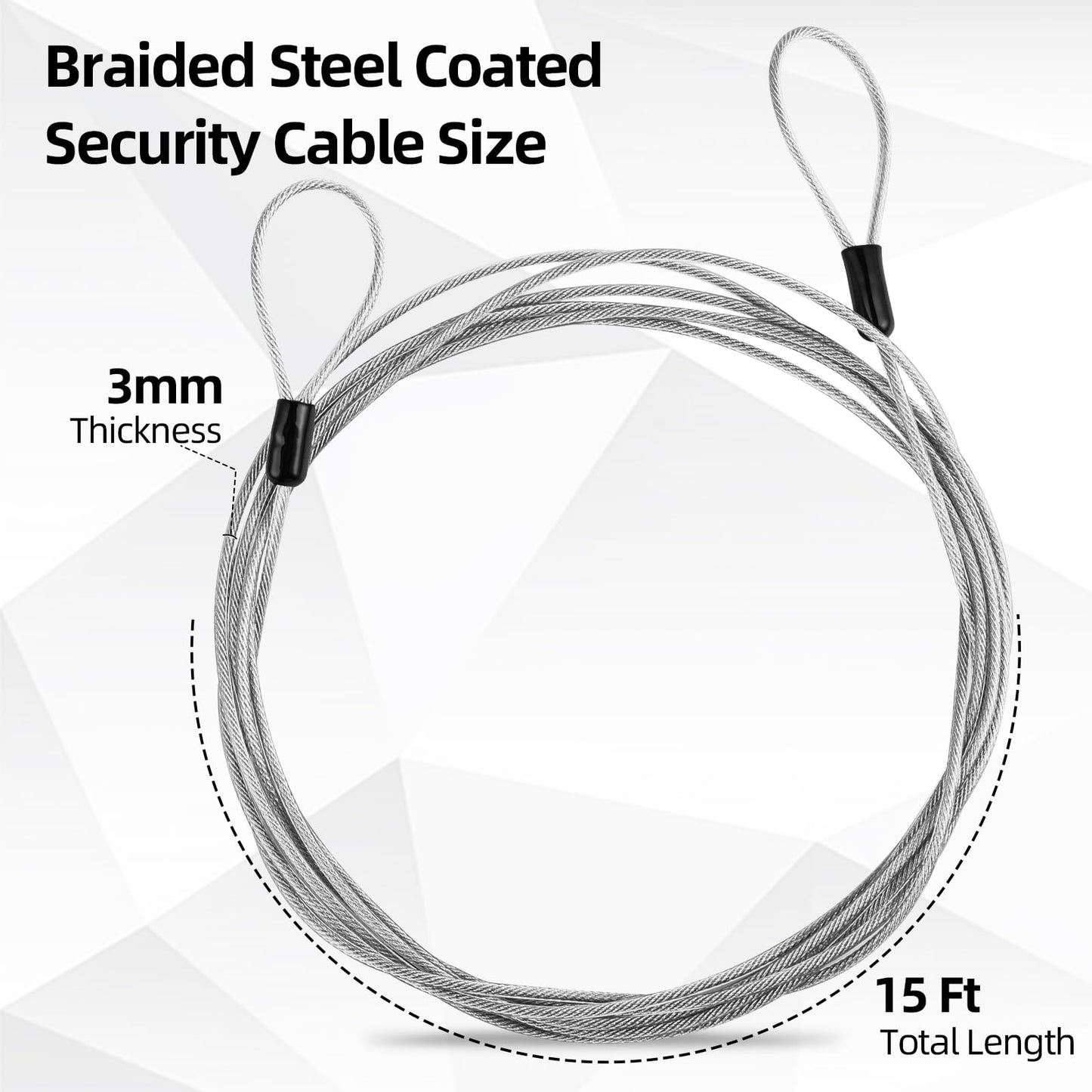 DELSWIN Security Steel Cable with Loops - 3mm (1/8 inch) Thick 15FT Heavy Duty Safety Wire Bike Lock Cable Vinyl Coated Braided Cable for Luggage,Ropes of Metal