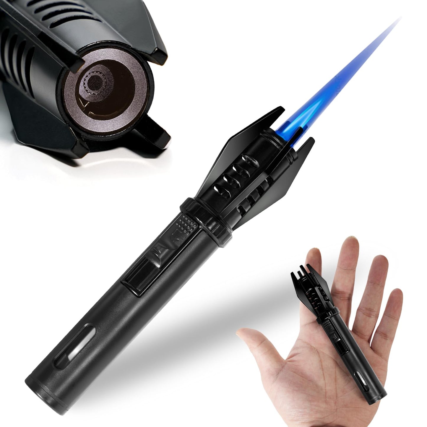 Camping Mini Torch Lighter EDC Windproof Small Lighters with Visual Window Refillable Gas Pocket Tactical Jet Flame for Hiking Survival Kitchen Grill Fireplace Home Candle BBQ, 5" (Without Butane)