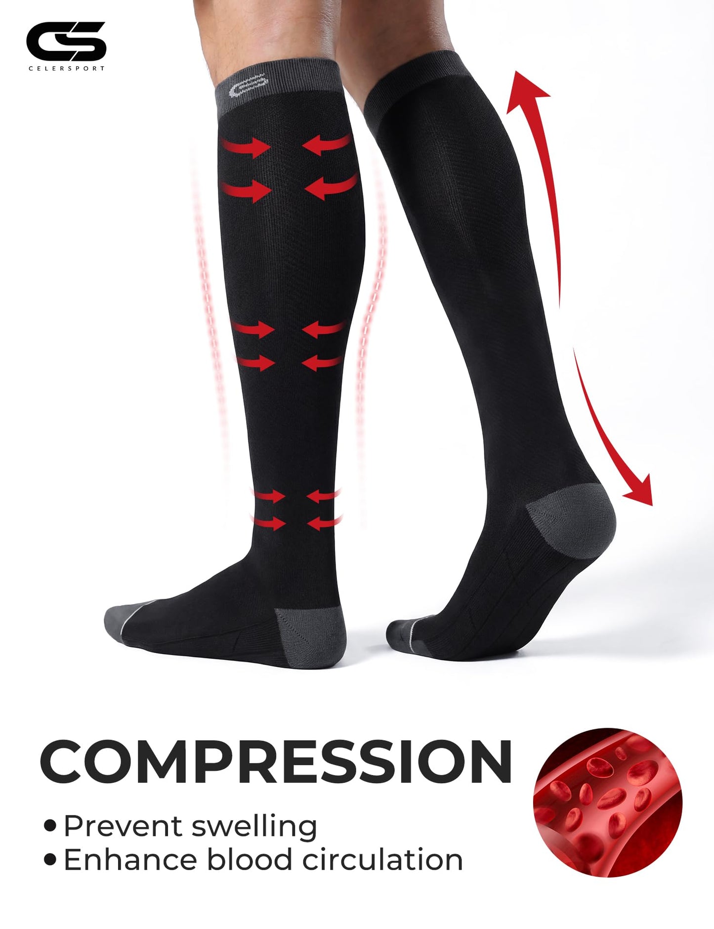 CS CELERSPORT Compression Socks for Men and Women 20-30mmHg Circulation Socks 3 Pairs for Running, Travel, Shin Splints, Nurse,Black,Large/X-Large