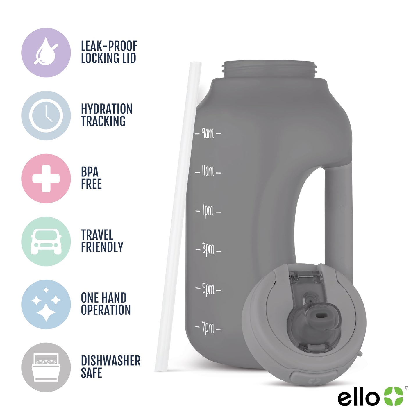 Ello Hydra 64oz BPA-Free Plastic Water Jug with Time Markers, Grey