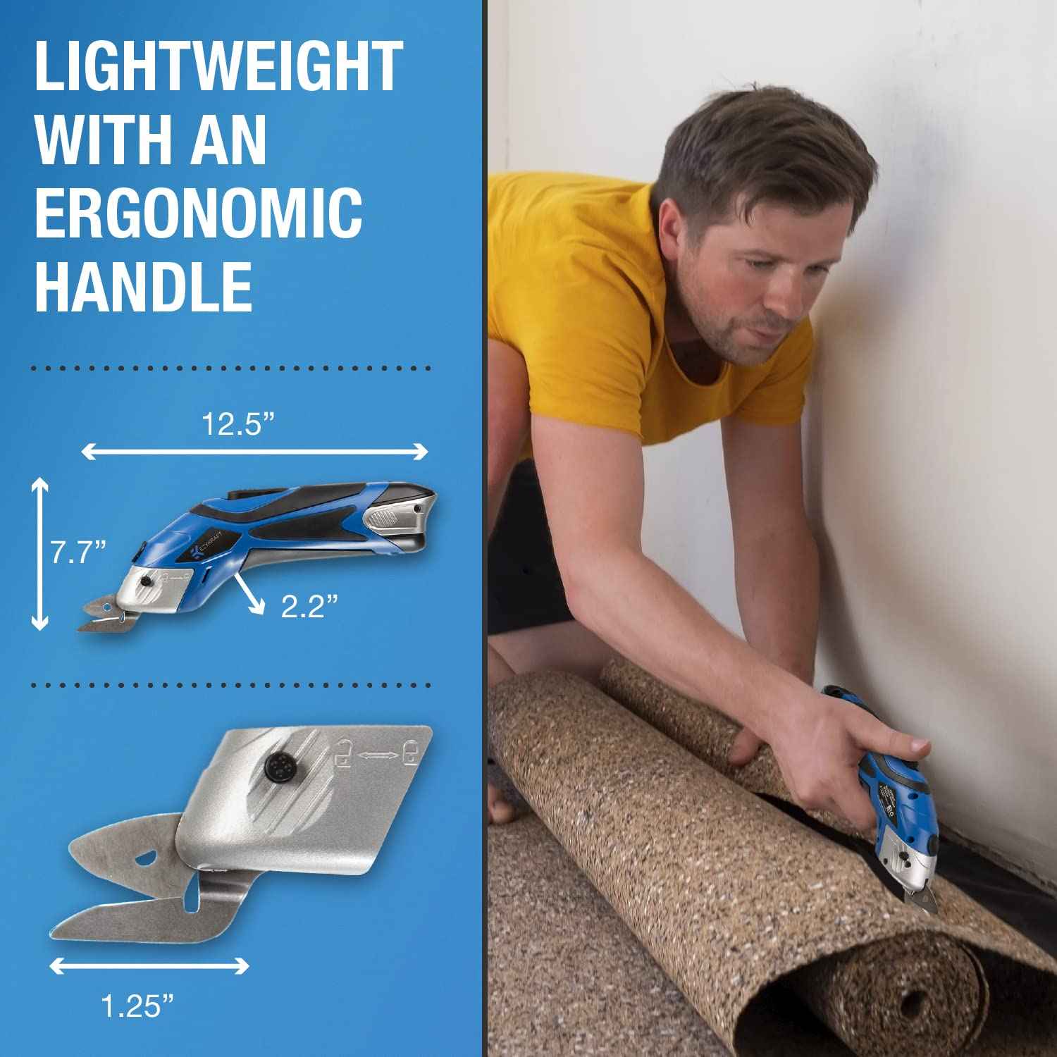 Cordless Electric Scissors for Cutting Fabric - Multifunctional Craft & Cardboard Scissors With Stainless Steel Blades & Replacement- 3.6V Lithium Ion Battery - Includes Charging Cable - Blue/Black