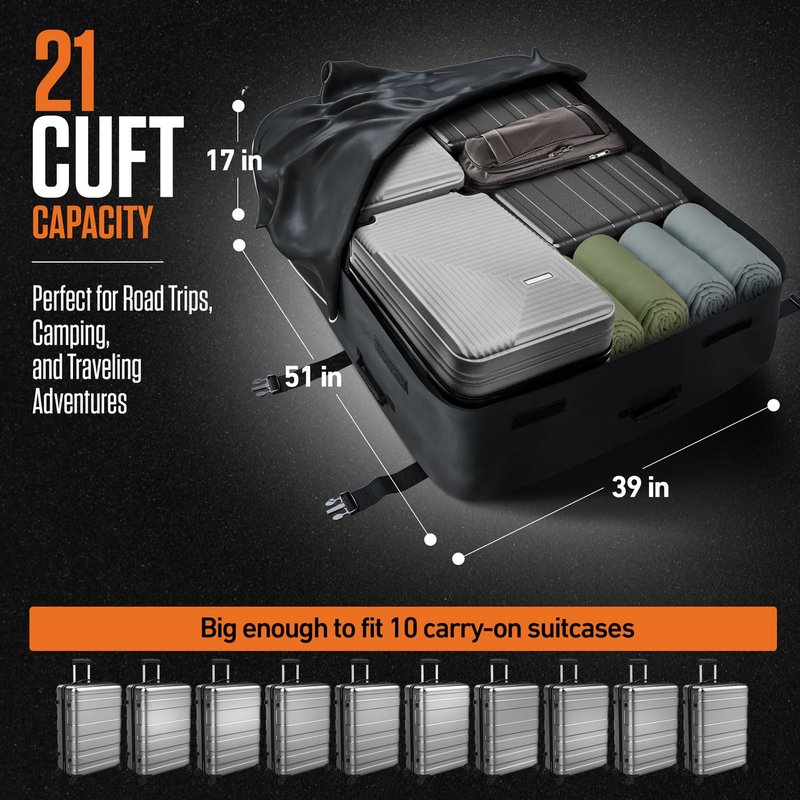 VENTURE 4TH Car Rooftop Cargo Carrier – 21 Cubic Feet Soft-Shell Waterproof Roof Bag with 10 Heavy-Duty Compression & Tie-Down Straps, Anti-Slip Mat & Door Hooks – Fits Cars with or Without Roof Rack