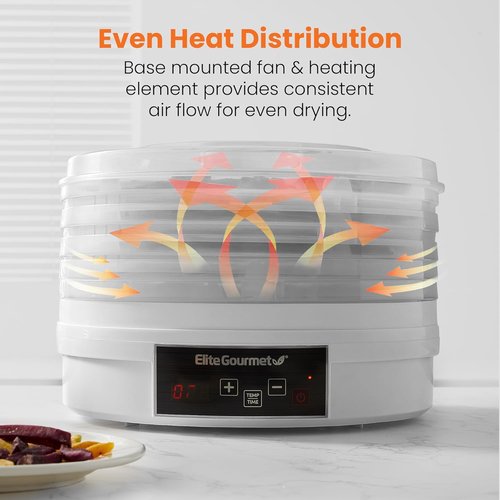 Elite Gourmet Digital Food Dehydrator - 5 BPA-Free Trays, Adjustable Timer & Temperature Control | White