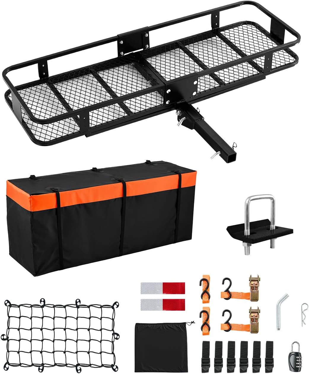VEVOR Hitch Cargo Carrier - 500 lbs Capacity with Waterproof Cargo Bag & Net | 60"x20"x6" Folding Design for SUVs