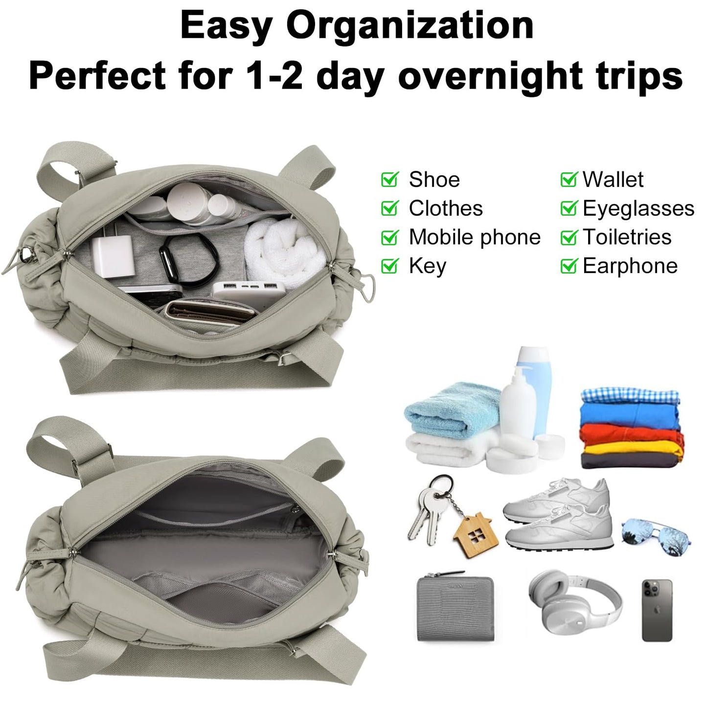 CAMTOP Mini Gym Bag for Women, Small Gym Tote Bag Puffy Quilted Sports Duffel Bag with Wet Compartment and Coin Purse Duffel Bags Dance Yoga Workout Bag for Gifts (Green, Mini-12.6")