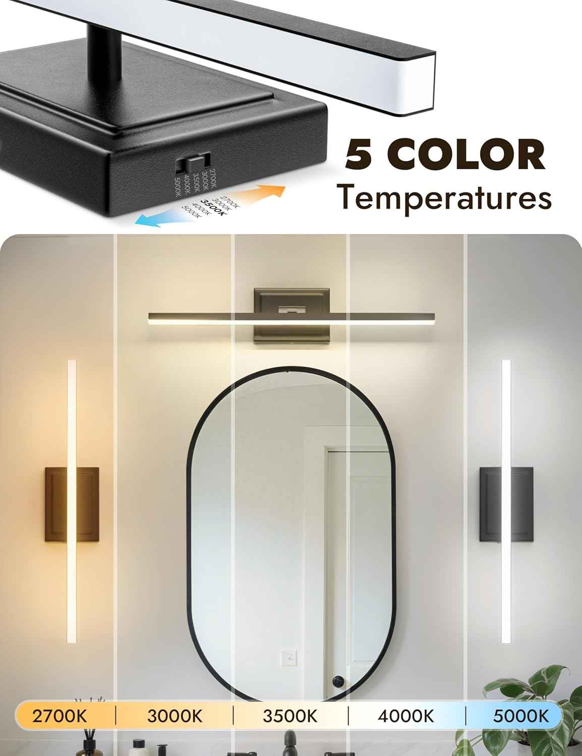 NIORSUN 24-Inch Dimmable LED Bathroom Vanity Light Fixture - Modern Black Over Mirror Lighting, 5CCT, ETL Certified