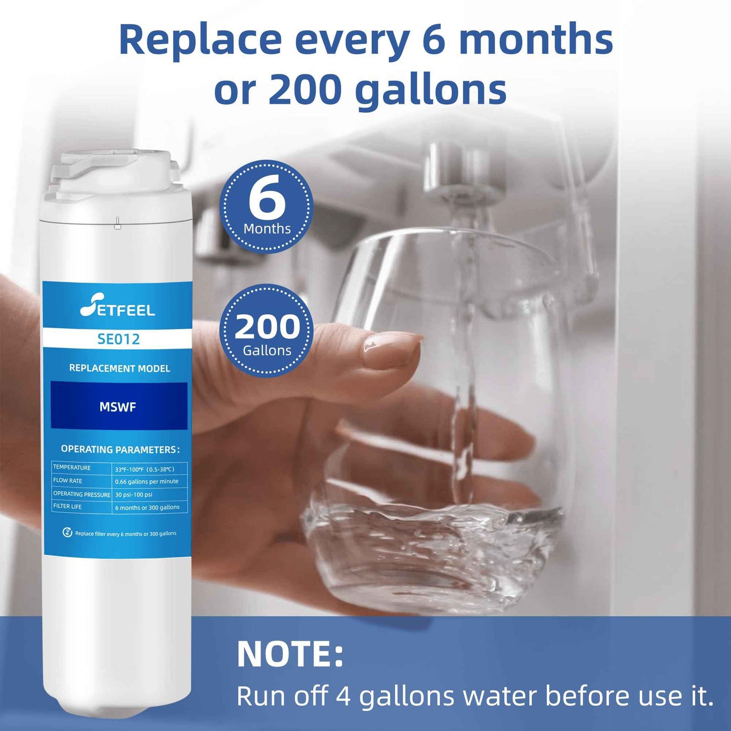 MSWF Refrigerator Water Filter for GE, Smart Water MSWF Cartridge 101820A, 101821B, RWF1500A, 101820B, 101821A, 101821, 3 Pack SETFEEL