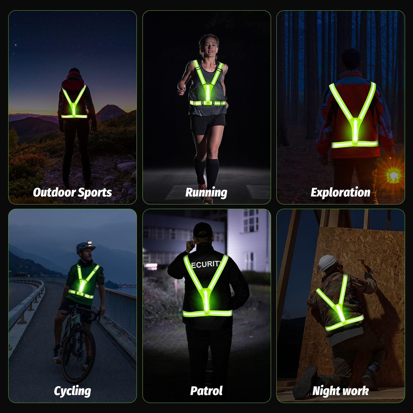 Cabbqiu LED Reflective Running Vest - Light Up With 3 Modes, Rechargeable Night Gear for Runners - Safety Belt for Women Men (Green)