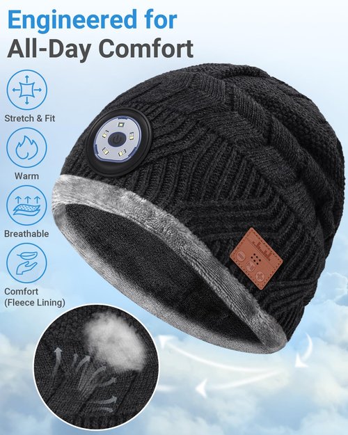 Bluetooth Beanie with a Light, Unisex USB Rechargeable Winter Hat with 4 LED Headlamp & Wireless Headphones, Unique Christmas Stocking Stuffers & Birthday Gifts for Men, Husband, Teens Dark Black