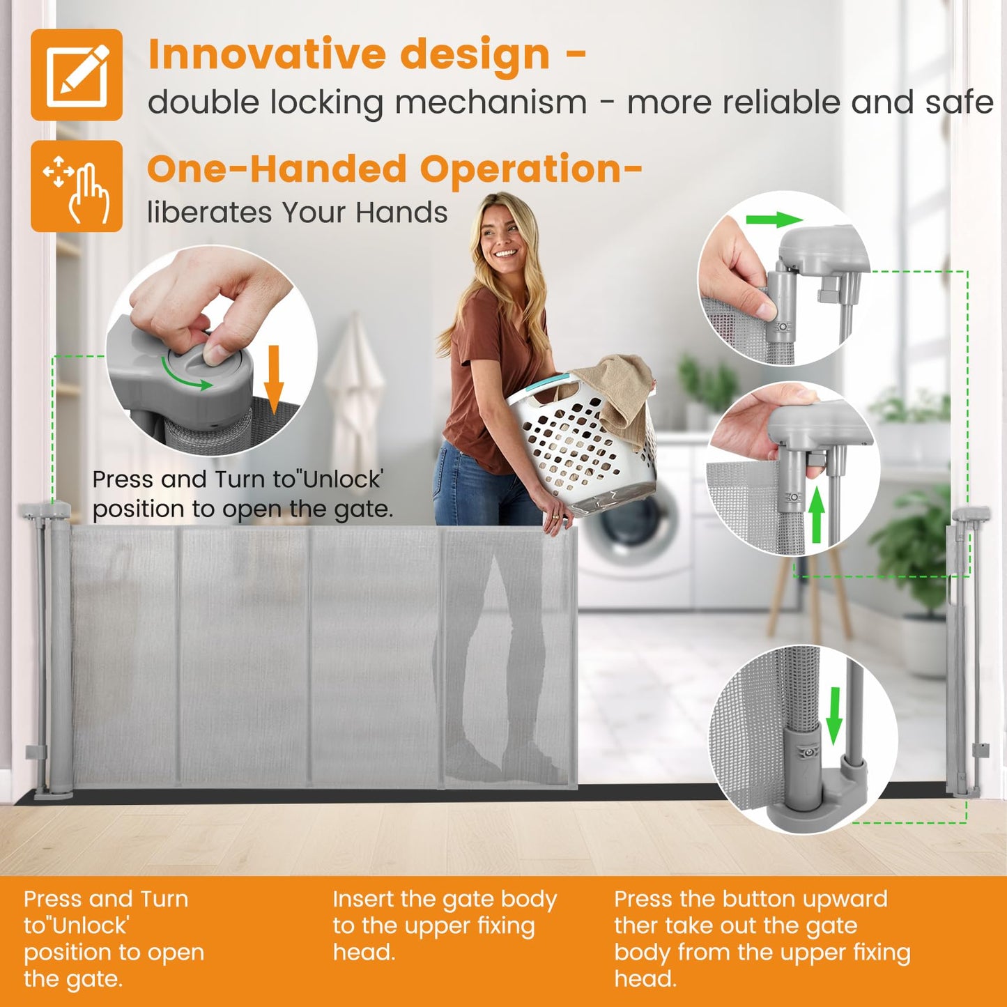 Innovative Retractable Baby Gates with Reinforced Strip,150" Extra Wide Mesh Baby Gate, 35" Tall One-Handed Operation, Double Locking Desion for Doorways Hallways Indoor Outdoor