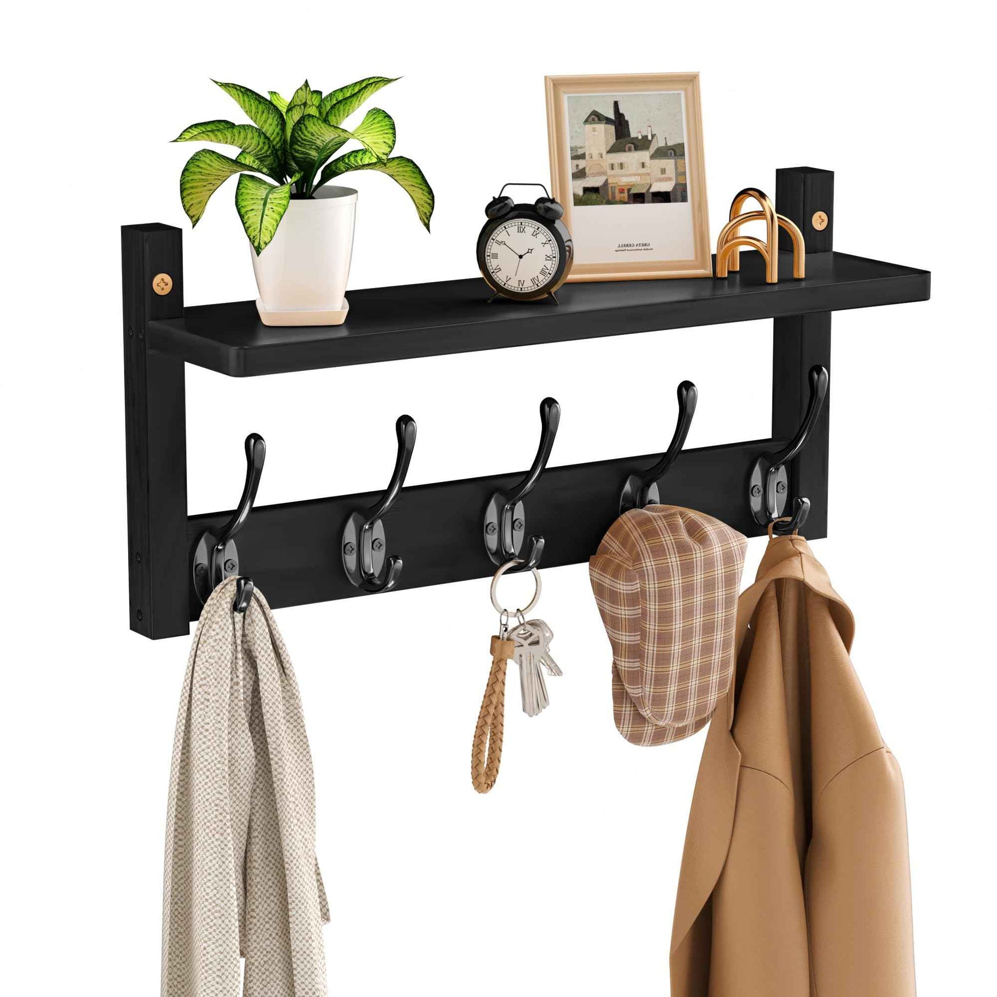VASMIA Coat Rack Wall Mount with Shelf,Bamboo Wall Shelf with Hooks,Coat Hangers for Entryway,Bathroom, Living Room, Bedroom, Black
