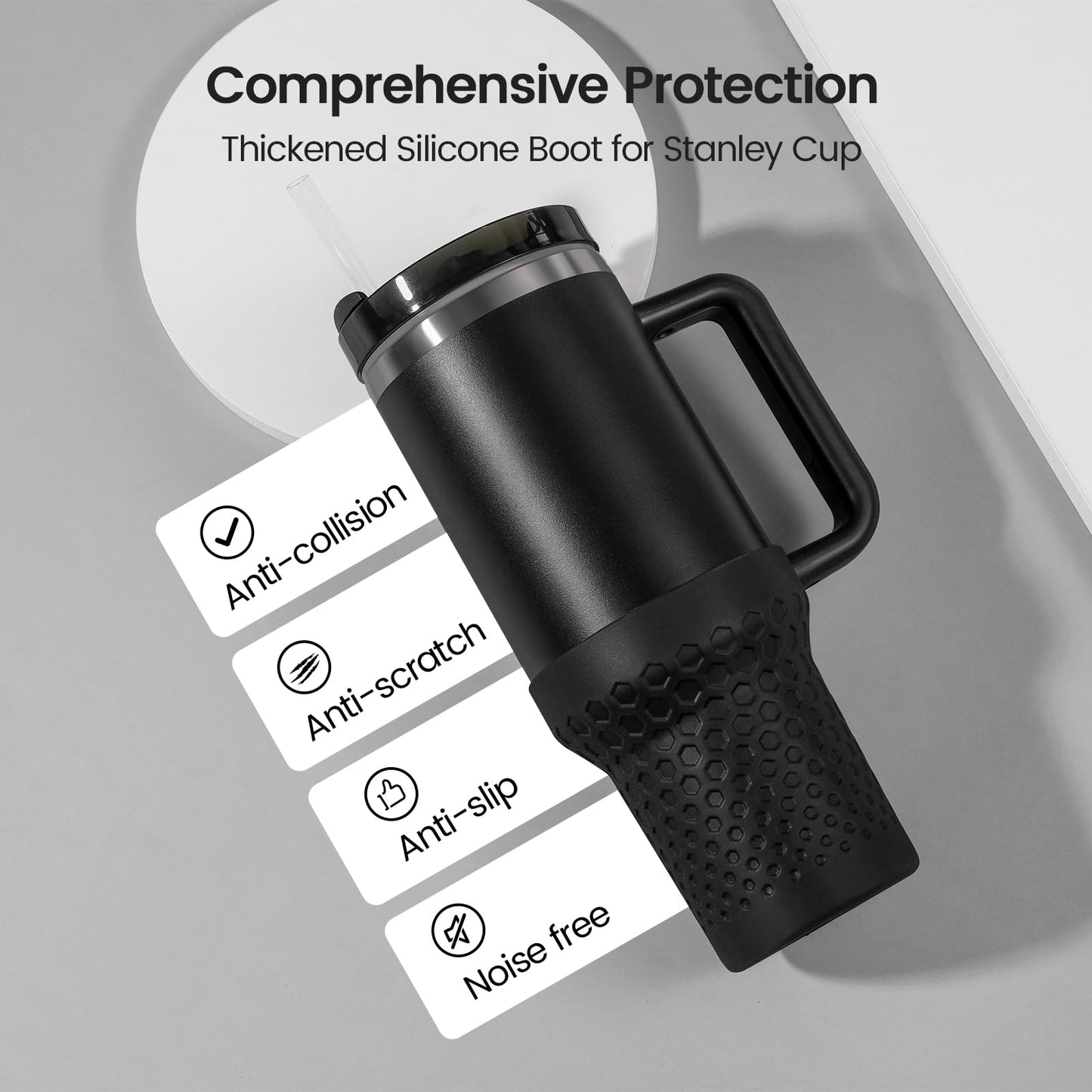 Thxbag Silicone Boot for Stanley Cup 40oz, Black Boot Sleeve Cover Fit with Stanley H2.0 and Quencher Adventure Tumbler Accessories (Black, 40 oz)