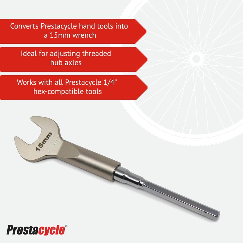 Prestacycle 15mm Wrench Specialty Bit – Converts Bits Tools into Compact 15mm Wrench – Ideal for Adjusting Threaded Hub Axles – Lightweight Multi-Function Bike Tool Accessory