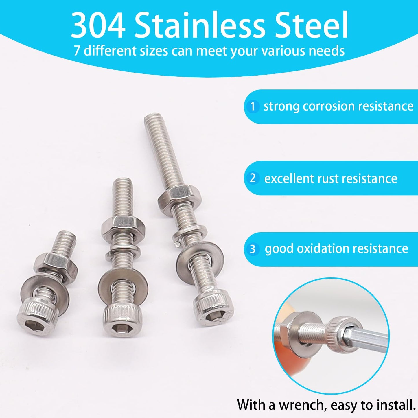 Bemaka 350PCS M4 Screw Kit, M4 x 6/8/12/16/20/25/30mm Hex Socket Head Cap Screws Bolts Nuts Washers Assortment Kit, 304 Stainless Steel Metric Bolts with Hex Wrench