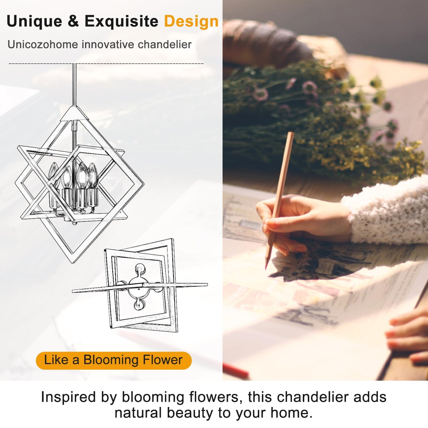 18" Farmhouse Chandelier, 4-Light Geometric Ceiling Dining Room Fixture, Modern Industrial Foyer Lighting Fixtures, Black and Gold Hanging Pendant Lights for Bedroom, Kitchen Island, Hallway, Entryway